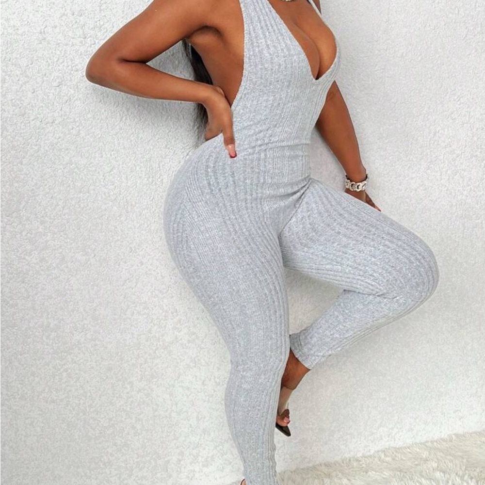 Gray Ribbed Sleeveless Jumpsuit
